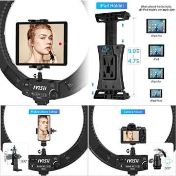 IVISII 19 inch Ring Light with Stand and Phone Holder,60W Bi-Color or for Live Stream/Makeup/YouTube Video/TikTok/Zoom/Photography Black