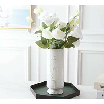 Vellarr 10.5" Tall Ceramic Flower Vase, Traditional Totem Style, Minimalist Face Design, Decorative Modern Floral Glazed Ceramic Vases for Centerpieces, Bedroom, Office, Wedding or Living Room (White)