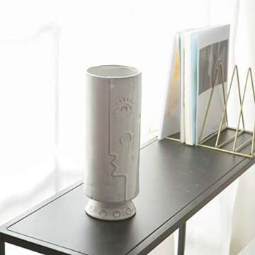 Vellarr 10.5" Tall Ceramic Flower Vase, Traditional Totem Style, Minimalist Face Design, Decorative Modern Floral Glazed Ceramic Vases for Centerpieces, Bedroom, Office, Wedding or Living Room (White)