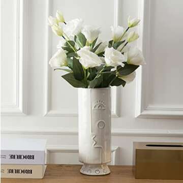 Vellarr 10.5" Tall Ceramic Flower Vase, Traditional Totem Style, Minimalist Face Design, Decorative Modern Floral Glazed Ceramic Vases for Centerpieces, Bedroom, Office, Wedding or Living Room (White)