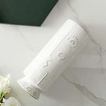 Vellarr 10.5" Tall Ceramic Flower Vase, Traditional Totem Style, Minimalist Face Design, Decorative Modern Floral Glazed Ceramic Vases for Centerpieces, Bedroom, Office, Wedding or Living Room (White)