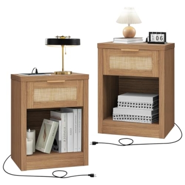OAKHAM HOME Nightstand Set of 2 - Rattan Night Stand with Type-C Charging Station, Bedside Table, St...