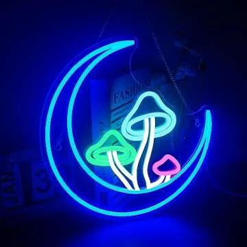 DREAMFORT Moon Mushroom Neon Sign Blue Moon Neon Lights for Wall Decor Mushroom Light Up Signs USB L...