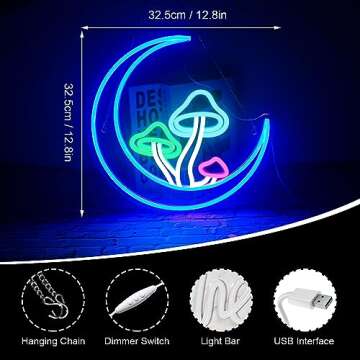 DREAMFORT Moon Mushroom Neon Sign Blue Moon Neon Lights for Wall Decor Mushroom Light Up Signs USB LED Signs for Girls room Living Room Kids Room Home Bar Party Shop
