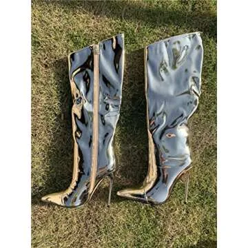 MissHeel Metallic Silver Knee High Boots Sexy Wide Calf Stiletto Patent Leather Pointed Toe Thin Heel Boots Slouch Club Party Size 9.5