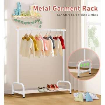 SLEEPING LAMB Kids Clothing Rack, Small Baby Clothes Rack with Bottom Storage Shelf, Kids Dress Up Rack Storage for Coats, Dance Costume Garment Rack for Hanging Clothes, White