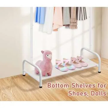 SLEEPING LAMB Kids Clothing Rack, Small Baby Clothes Rack with Bottom Storage Shelf, Kids Dress Up Rack Storage for Coats, Dance Costume Garment Rack for Hanging Clothes, White