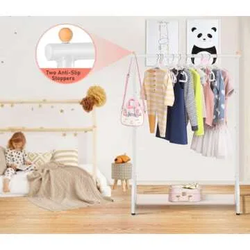 SLEEPING LAMB Kids Clothing Rack, Small Baby Clothes Rack with Bottom Storage Shelf, Kids Dress Up Rack Storage for Coats, Dance Costume Garment Rack for Hanging Clothes, White