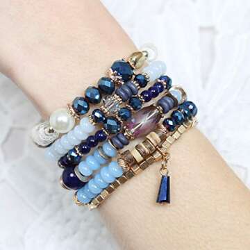 RIAH FASHION Bead Multi Layer Versatile Statement Bracelets - Stackable Beaded Strand Stretch Bangles Sparkly Crystal Mix, Tassel Charm (Navy)