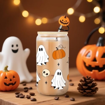 16 oz Halloween Pumpkin Glass Tumbler with Straw
