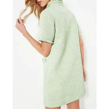 PEHMEA Women's Tweed Dress, Short Sleeve Straight Tube Mini Dress with Pockets for Business Party Work(Green-S)