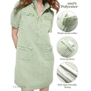 PEHMEA Women's Tweed Dress, Short Sleeve Straight Tube Mini Dress with Pockets for Business Party Work(Green-S)