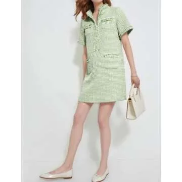 PEHMEA Women's Tweed Dress, Short Sleeve Straight Tube Mini Dress with Pockets for Business Party Work(Green-S)