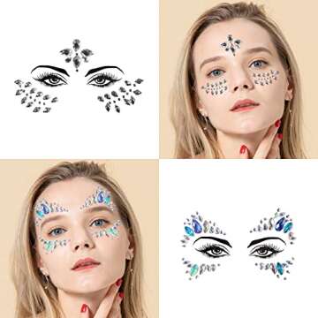 Face Gems, 6 Sheets Mermaid Face Jewels for Makeup Rave Festival Halloween Stick on Face Body Self Adhesive Rhinestone Gemstones Stickers