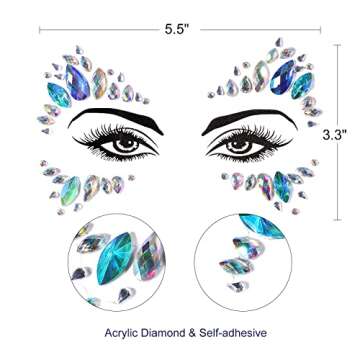 Face Gems, 6 Sheets Mermaid Face Jewels for Makeup Rave Festival Halloween Stick on Face Body Self Adhesive Rhinestone Gemstones Stickers