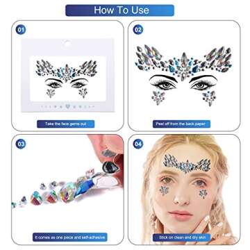 Face Gems, 6 Sheets Mermaid Face Jewels for Makeup Rave Festival Halloween Stick on Face Body Self Adhesive Rhinestone Gemstones Stickers
