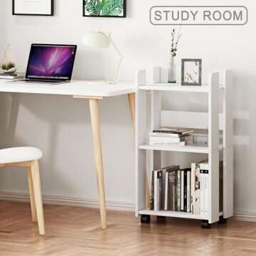 yeavs 3-Tier Side Table with Wheels, Moveable Bookshelf, Multi-Functional Rolling Bookcase Storage C...