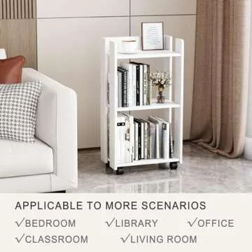 yeavs 3-Tier Side Table with Wheels, Moveable Bookshelf, Multi-Functional Rolling Bookcase Storage Cart Organizer for Office Living Room Bedroom Bathroom, White