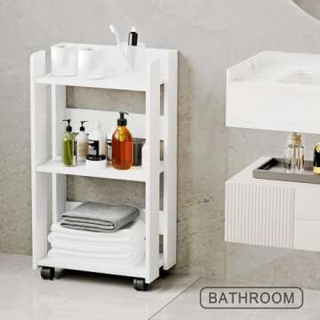 yeavs 3-Tier Side Table with Wheels, Moveable Bookshelf, Multi-Functional Rolling Bookcase Storage Cart Organizer for Office Living Room Bedroom Bathroom, White