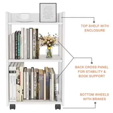 yeavs 3-Tier Side Table with Wheels, Moveable Bookshelf, Multi-Functional Rolling Bookcase Storage Cart Organizer for Office Living Room Bedroom Bathroom, White