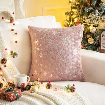 AQOTHES Soft Faux Fur Fuzzy Cute Decorative Throw Pillows Covers with Snowflake Glitter Printed Pillowcases for Christmas Decor Home Bed Room Sofa Chair Couch, Pink 18x18 inch, Pack of 2