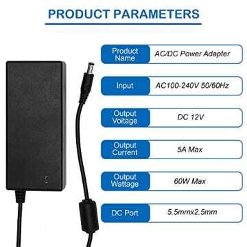 OPBYWE 12V 5A 60W Power Supply Adapter AC DC Converter 100V~240V to 12 Volt 5 Amp Transformer 5.5x2.1mm Plug for Christmas Tree LED Light Strips CCTV Security System LCD Monitor