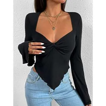 WDIRARA Women's Long Flared Sleeve V Neck Crop Top Twist Front Asymmetrical Shirt Black M