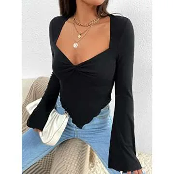 WDIRARA Women's Long Flared Sleeve V Neck Crop Top Twist Front Asymmetrical Shirt Black M