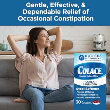 Colace Regular Strength Stool Softener for Gentle Effective Constipation Relief, No.1 Doctor Recommended Stool Softener Brand, 100 mg Docusate Capsules, 30 Count