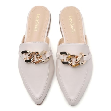 EasySmile Metal Chain Decor Flat Mules for Women Closed Pointed Toe Slip on Loafers Slides Backless Mules Shoes