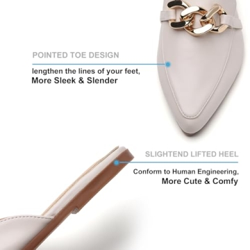 EasySmile Metal Chain Decor Flat Mules for Women Closed Pointed Toe Slip on Loafers Slides Backless Mules Shoes