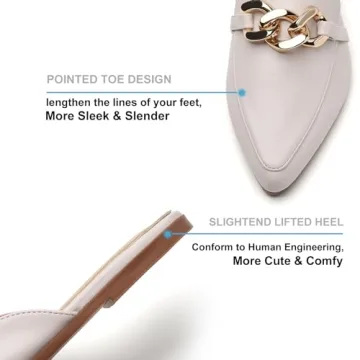 EasySmile Metal Chain Decor Flat Mules for Women Closed Pointed Toe Slip on Loafers Slides Backless Mules Shoes