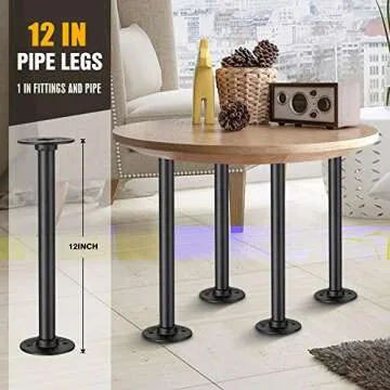 Elibbren 4 Pack Industrial Pipe Table Legs, Farmhouse Metal Pipes and Flanges for Custom Vintage Tables and Furniture, Rustic Iron Desk Leg Corner, Table Shelf Support, 12IN