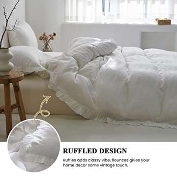 Simple&Opulence 100% Linen Duvet Cover Set, 3 PCS Natural French Flax White Ruffle Duvet Cover Queen...