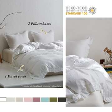 Simple&Opulence 100% Linen Duvet Cover Set, 3 PCS Natural French Flax White Ruffle Duvet Cover Queen Size, Breathable Comfy Linen Bedding Comforter Cover with 2 Pillowcases (White, 88"X92")