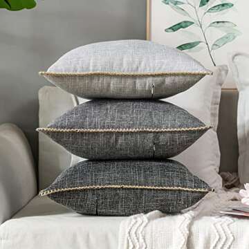 MIULEE Pack of 2 Decorative Throw Pillow Covers Farmhouse Modern Trimmed Cord Linen Burlap Cushion Cases Vintage Decor Pillowcases for Couch Sofa Bedroom 20 x 20 Inch Black