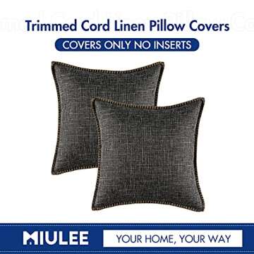 MIULEE Pack of 2 Decorative Throw Pillow Covers Farmhouse Modern Trimmed Cord Linen Burlap Cushion Cases Vintage Decor Pillowcases for Couch Sofa Bedroom 20 x 20 Inch Black