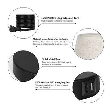 JS NOVA JUNS Table Lamp, Bedside Lamp Set of 2 with Dual USB Charging Ports, Modern Nightstand Light Perfect for Bedroom, Living Room, Study Room