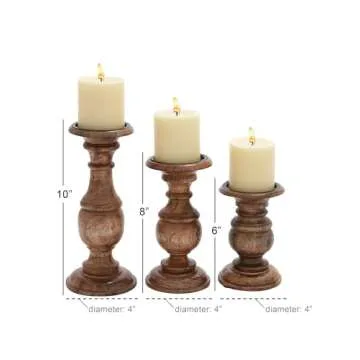 Deco 79 Mango Wood Decorative Candle Holder Turned Style Pillar Candle Stand, Set of 3 Candlestick Holder 10",8",6"H, Brown