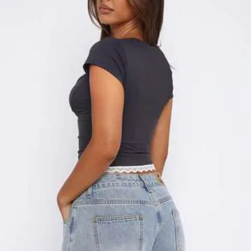 Women Lace Trim Short Sleeve Crop Top Summer Y2K Basic Tee Shirt Cute Slim Fitted Going Out Top (US, Alpha, Small, Regular, Regular, Dark Grey)