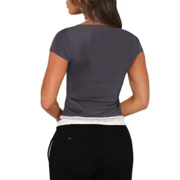 Women Lace Trim Short Sleeve Crop Top Summer Y2K Basic Tee Shirt Cute Slim Fitted Going Out Top (US, Alpha, Small, Regular, Regular, Dark Grey)
