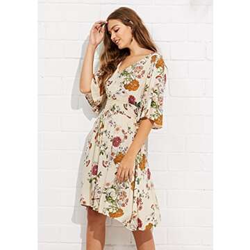 Milumia Women's Boho Button Up High Waist Floral Print Flowy Party Dress Beige Medium