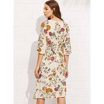 Milumia Women's Boho Button Up High Waist Floral Print Flowy Party Dress Beige Medium