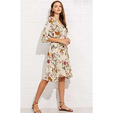 Milumia Women's Boho Button Up High Waist Floral Print Flowy Party Dress Beige Medium