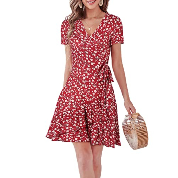 DIRASS Wrap Dress Womens Wedding Guest Casual Beach V Neck Summer Dresses Petite Short Sleeve Dress (Wine Red Floral,L)
