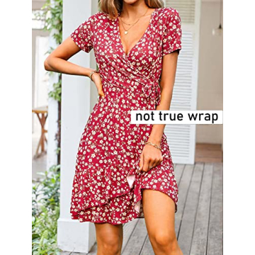 DIRASS Wrap Dress Womens Wedding Guest Casual Beach V Neck Summer Dresses Petite Short Sleeve Dress (Wine Red Floral,L)