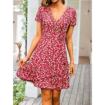 DIRASS Wrap Dress Womens Wedding Guest Casual Beach V Neck Summer Dresses Petite Short Sleeve Dress (Wine Red Floral,L)