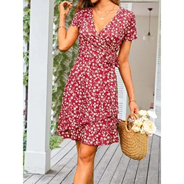 DIRASS Wrap Dress Womens Wedding Guest Casual Beach V Neck Summer Dresses Petite Short Sleeve Dress (Wine Red Floral,L)