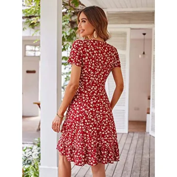 DIRASS Wrap Dress Womens Wedding Guest Casual Beach V Neck Summer Dresses Petite Short Sleeve Dress (Wine Red Floral,L)