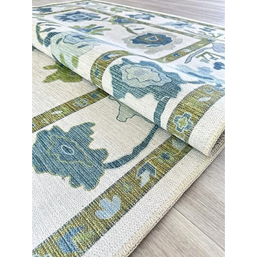 Green Oushak Rug, Washable & Eco-Friendly for All Homes